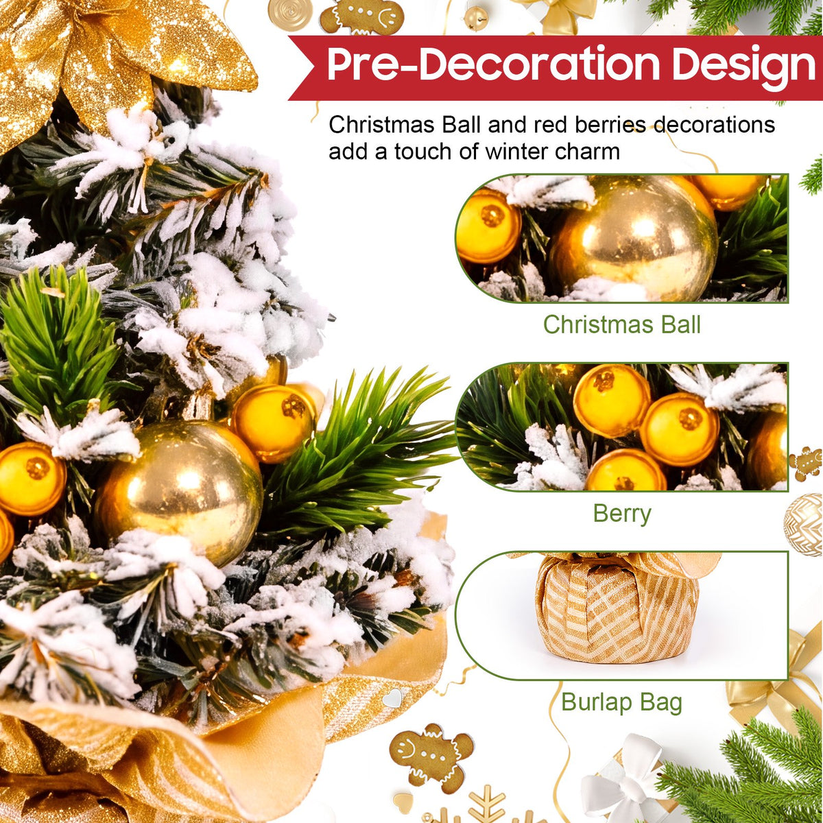 3 Pack Artificial Mini Tabletop Christmas Trees 7.9" Small Snowy Flocked Artificial Cedar Trees with Berries Ball Ornaments and Wood Bases for Home Office Holiday Table Centerpiece Mantel Decor