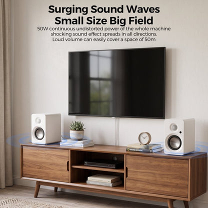 50W Powered Bookshelf Speakers, Bluetooth 5.3 Active Desktop Speakers with 3 inch Woofer, SUB OUT for External Subwoofer, ARC/Type C/AUX Inputs, Remote Control for TV PC Turntable, White