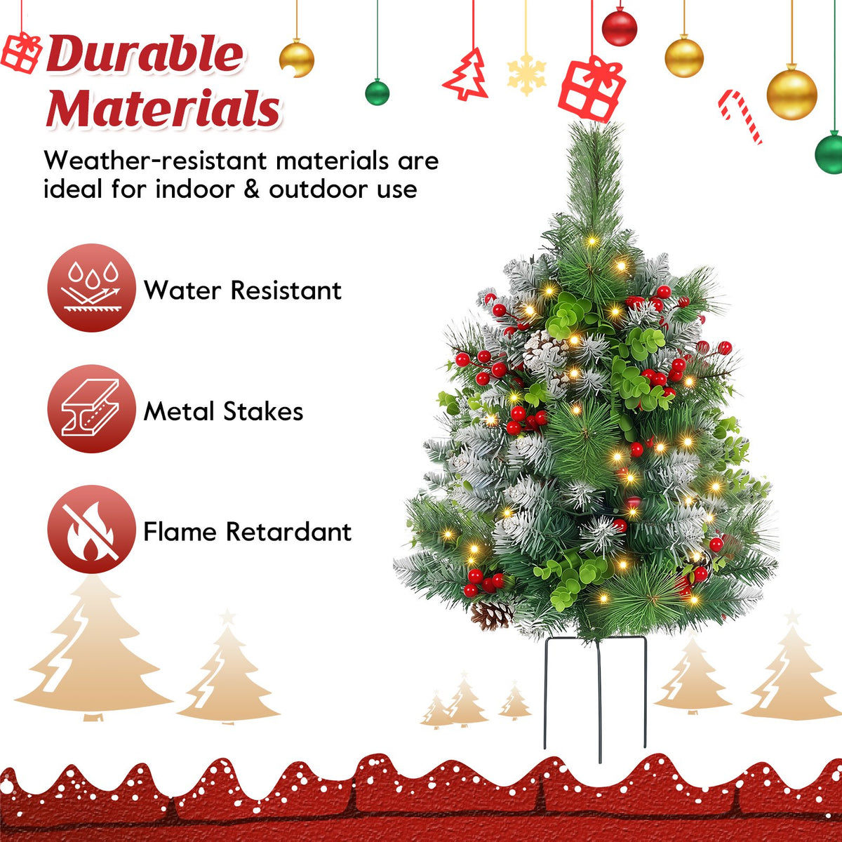 2 Pack 24inch Pre-Lit Pathway Christmas Trees Urn Filler, Artificial Mini Xmas Trees with Tripod Stake, 30 LED Lights & Timer, Battery Powered Outdoor Light Up Planter Filler Festival Holiday Decor