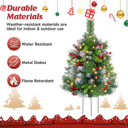 2 Pack 24inch Pre-Lit Pathway Christmas Trees Urn Filler, Artificial Mini Xmas Trees with Tripod Stake, 30 LED Lights & Timer, Battery Powered Outdoor Light Up Planter Filler Festival Holiday Decor
