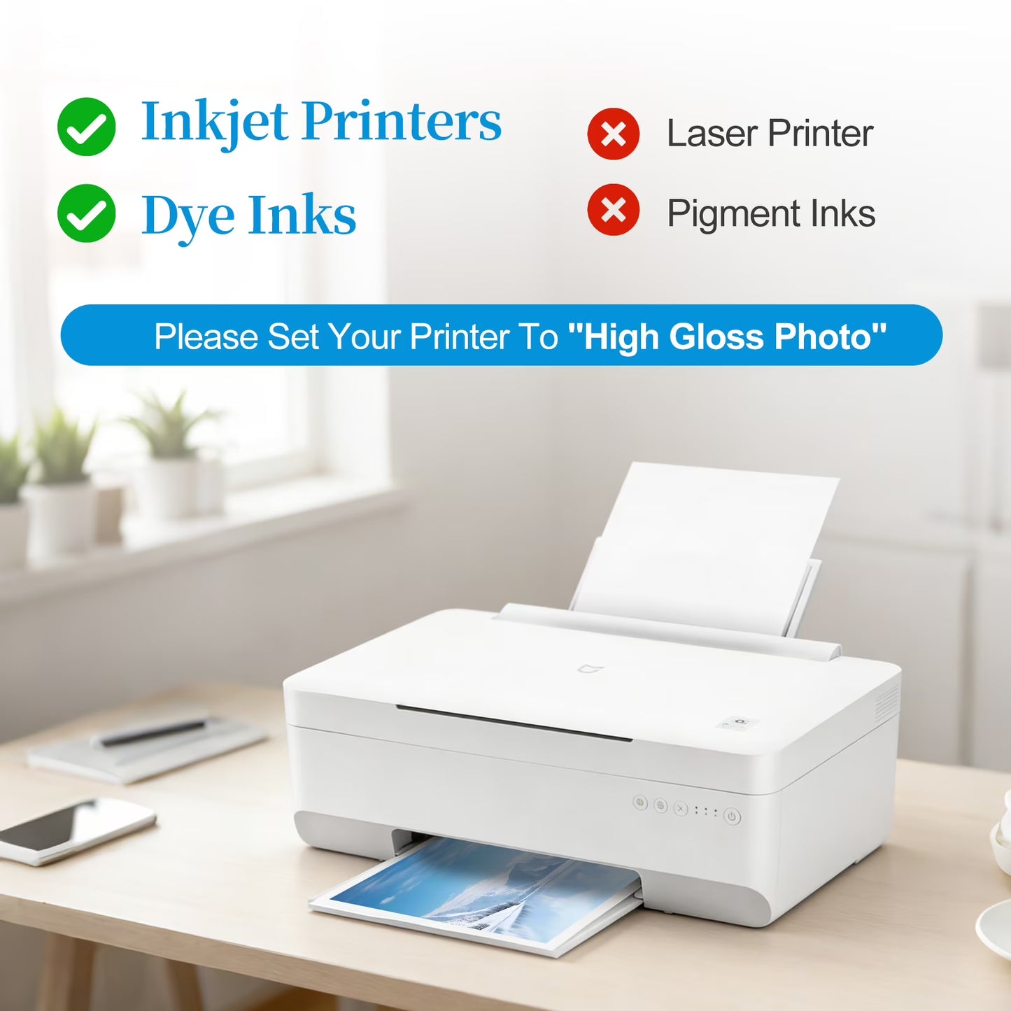 100 Sheets Photo Paper, 4x6 in Premium Glossy Photo Paper Picture Paper 200gsm Printer Brochure Paper Glossy, Office Supplies, Birthday Photo badges, 4R White Photo Paper Fit for All Inkjet Printers