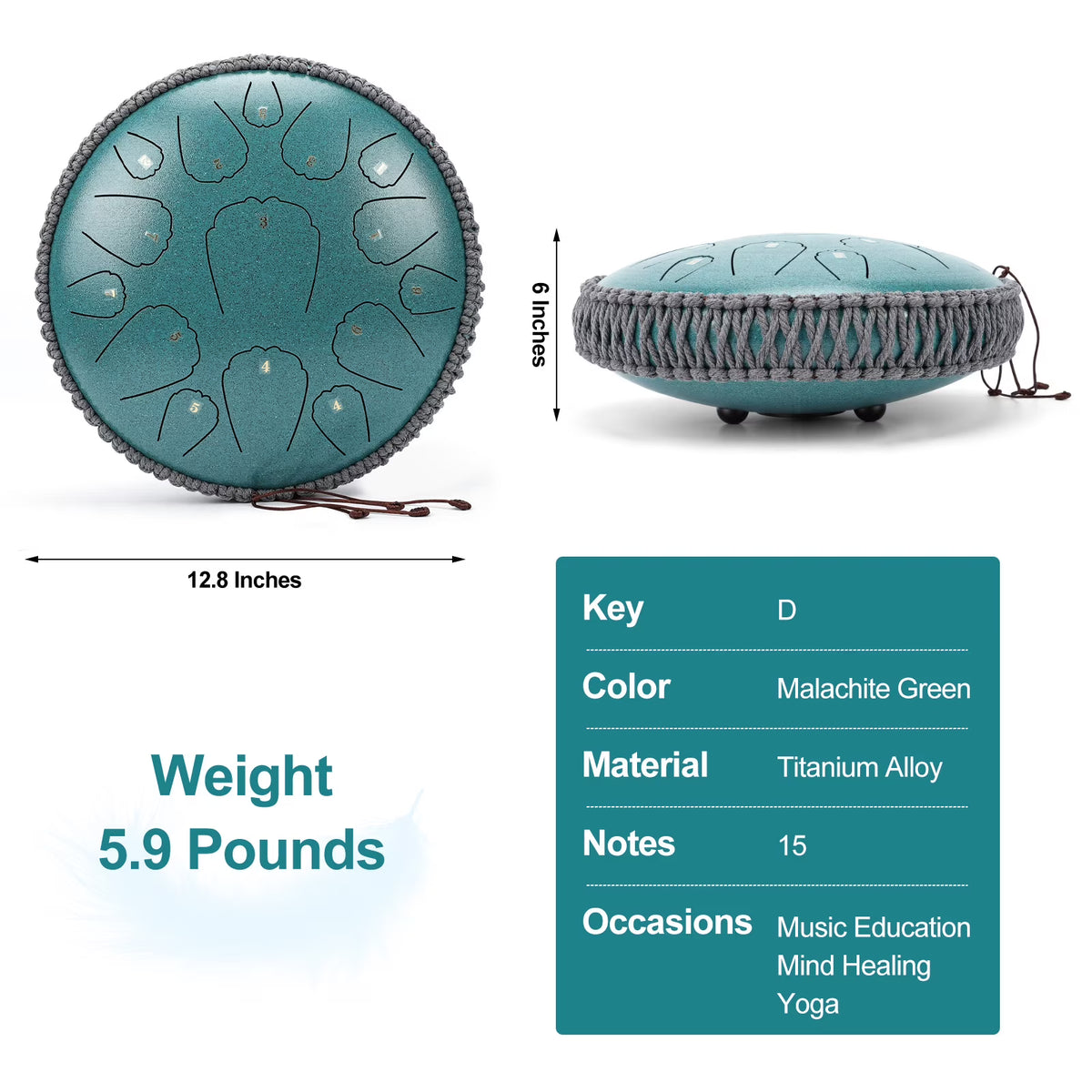 Steel Tongue Drum, 13 inches 15 Notes Tongue Drum with Handpan Drums Mallets & Carry Bag, Waterproof Meditation Rain Chime, Raindrop Drum Musical Instruments for Adult Gift, D Major, Malachite Green