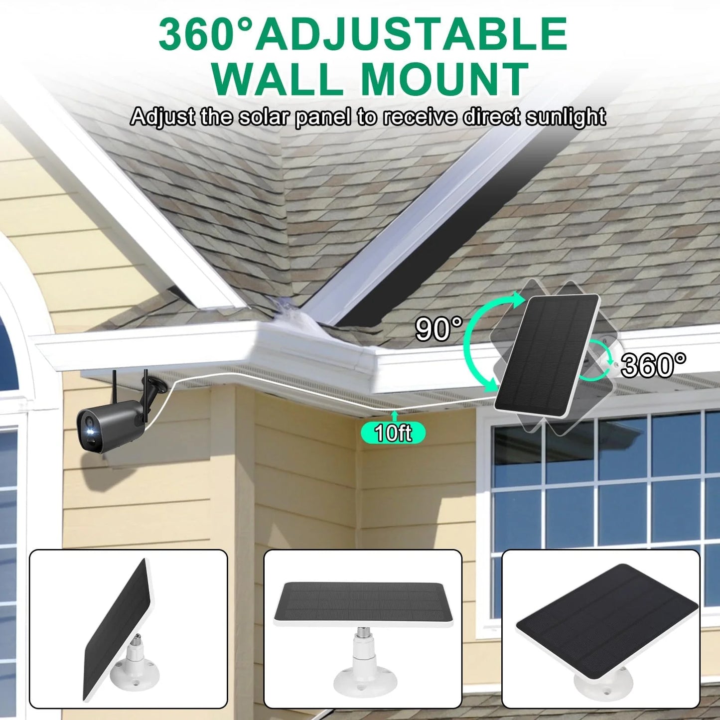 3W Solar Panel for Security Camera, 5V USB Solar Panel Charger with 9.8ft Cable Micro USB & Type C Port, Compatible with Rechargeable Battery Powered Cam, IP65 Waterproof, 360° Adjustable Bracket