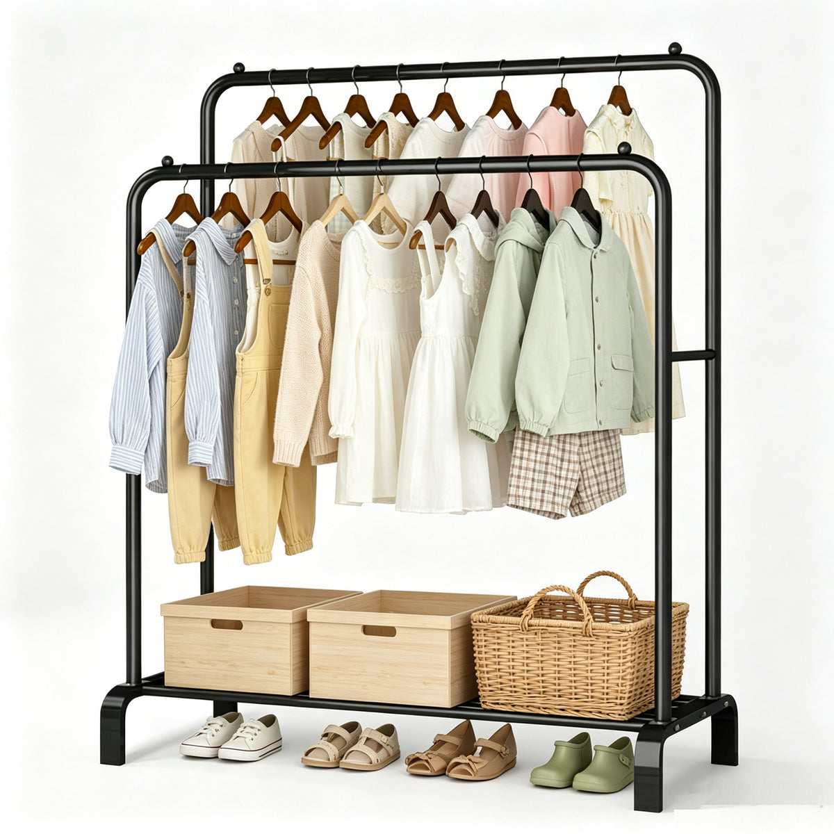 Clothing Closet Rack Double Rods with Bottom Shelf,Metal Garment Rack for Hanging Clothes, Black
