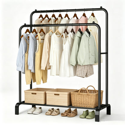 Clothing Closet Rack Double Rods with Bottom Shelf,Metal Garment Rack for Hanging Clothes, Black