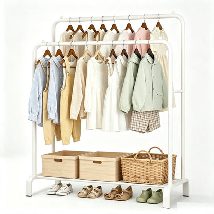 Clothing Closet Rack Double Rods with Bottom Shelf,Metal Garment Rack for Hanging Clothes, White