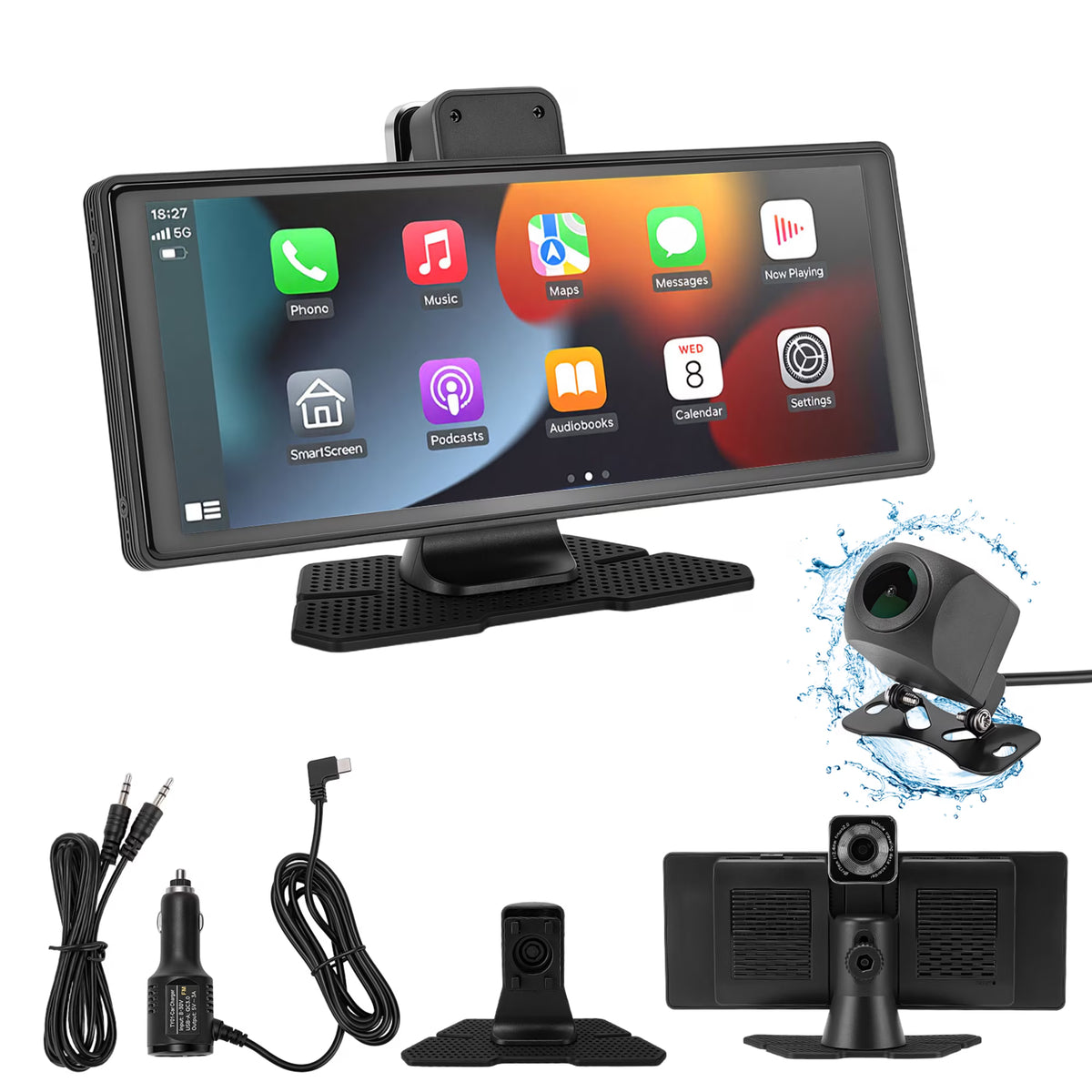 10.26" Portable Wireless CarPlay Screen for Car with 4K Dash Cam and 1080P Backup Camera, Wireless Car Play & Android Auto, OTA, Navigation, Voice Control, Mirror Link, Music Player