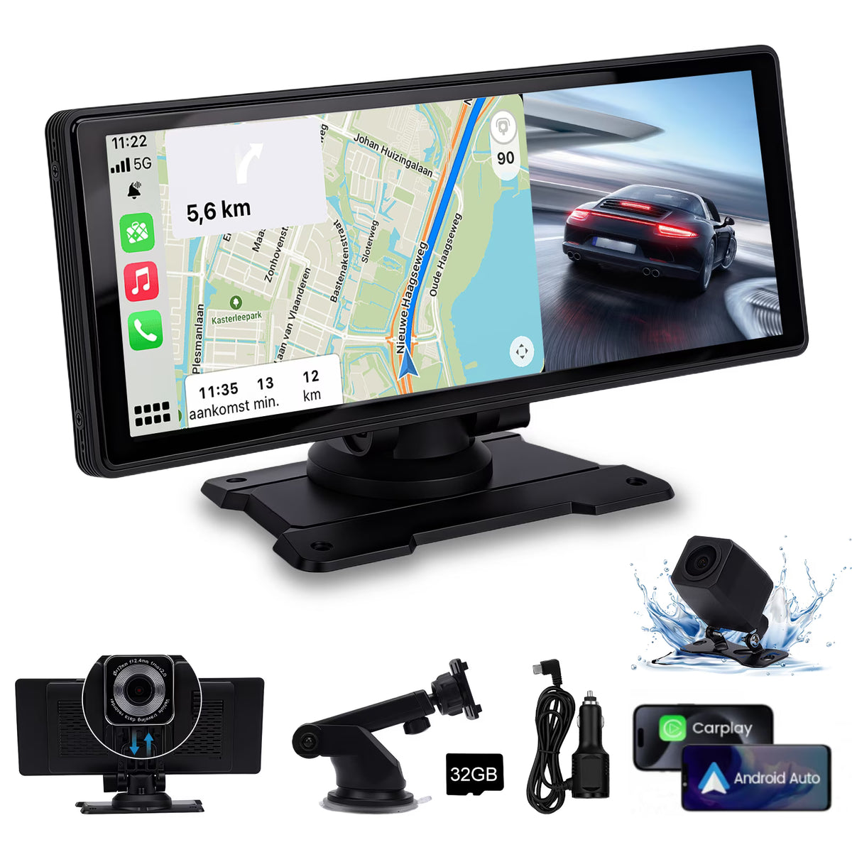 10.26" Wireless Carplay Screen for Car 4K Dash Cam Carplay & Android Auto, Includes 32GB SD Card, 1080p Backup Camera, Map Navigation/Mirror Link/Voice Control/Bluetooth/Music Player, Plug & Play