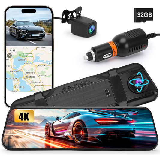 10'' Mirror Dash Cam Night Vision 1080P FHD Full Touch Screen Front and Rear View Backup Camera for Cars Loop Recording Streaming Media 170°Wide Angle Parking Assistance