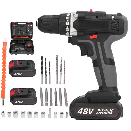 48V Cordless Drill,Electric Power Drill Set with 2 Batteries, 2 Variable Speed and Built-in LED