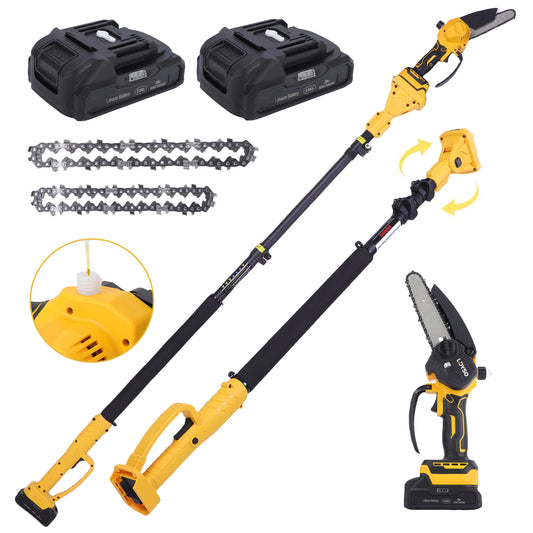 2-in-1 Brushless Cordless Pole Saw,6in + 4in Mini Chainsaw & Pole Saw with 2pcs 2.0A Batteries, 15.5ft Max Reach Brach Tree Saw Telescoping Extension Rod for Wood Tree Trimming Wood Cutting,Yellow