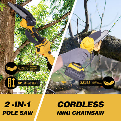 2-in-1 Brushless Cordless Pole Saw,6in + 4in Mini Chainsaw & Pole Saw with 2pcs 2.0A Batteries, 15.5ft Max Reach Brach Tree Saw Telescoping Extension Rod for Wood Tree Trimming Wood Cutting,Yellow