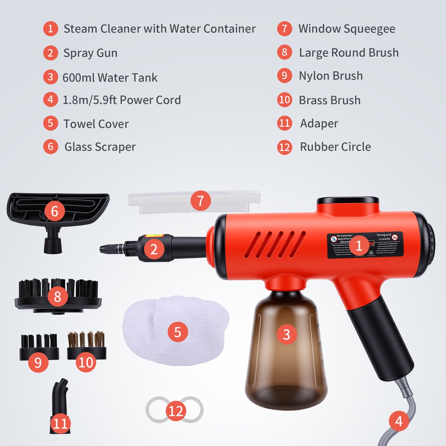 1200W High Pressure Handheld Steam Cleaner, 600ML Tank Multi-Purpose Steamer for Home Use,Cleaning Floor, Upholstery, Grout and Car,Red