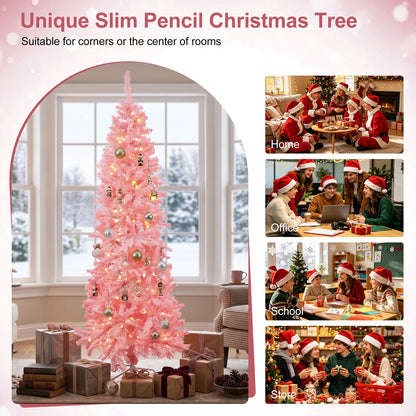 7ft Flocked Pink Pencil Christmas Tree, Pre-Lit Slim Artificial Holiday Decoration, Lighted Skinny w/Base, Warm White Lights