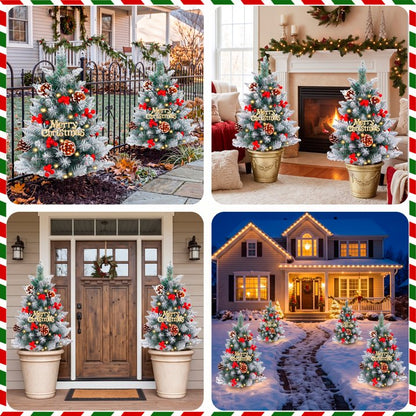 Set of 2 Pathway Christmas Tree Urn Filler, Pre-lit Artificial Small Xmas Tree with Cones & Red Berries, 60 Warm Lights Outdoor Christmas Porch Decorations for Gardens, Porch & Yard
