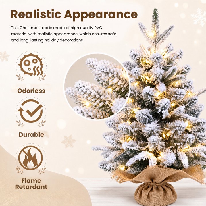 2ft Pre-lit Mini Christmas Snow Flocked Tree, Tabletop Artificial Christmas Tree with LED Lights, Small DIY Decor Xmas Pine Tree with Cloth Bag Base for Indoor Outdoor Home Dining Table Decorations