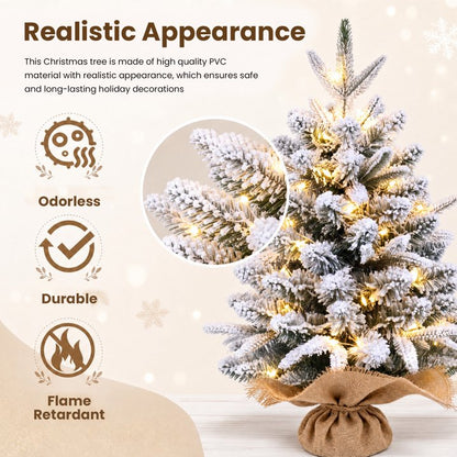 2ft Pre-lit Mini Christmas Snow Flocked Tree, Tabletop Artificial Christmas Tree with LED Lights, Small DIY Decor Xmas Pine Tree with Cloth Bag Base for Indoor Outdoor Home Dining Table Decorations