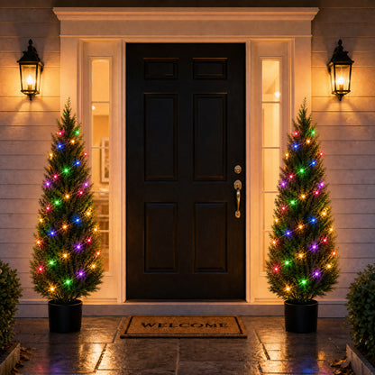 2 Pack 5ft Artificial Cedar Topiary Trees, UV-Resistant Outdoor Potted Plants for Porch & Garden Decor, Set of 2