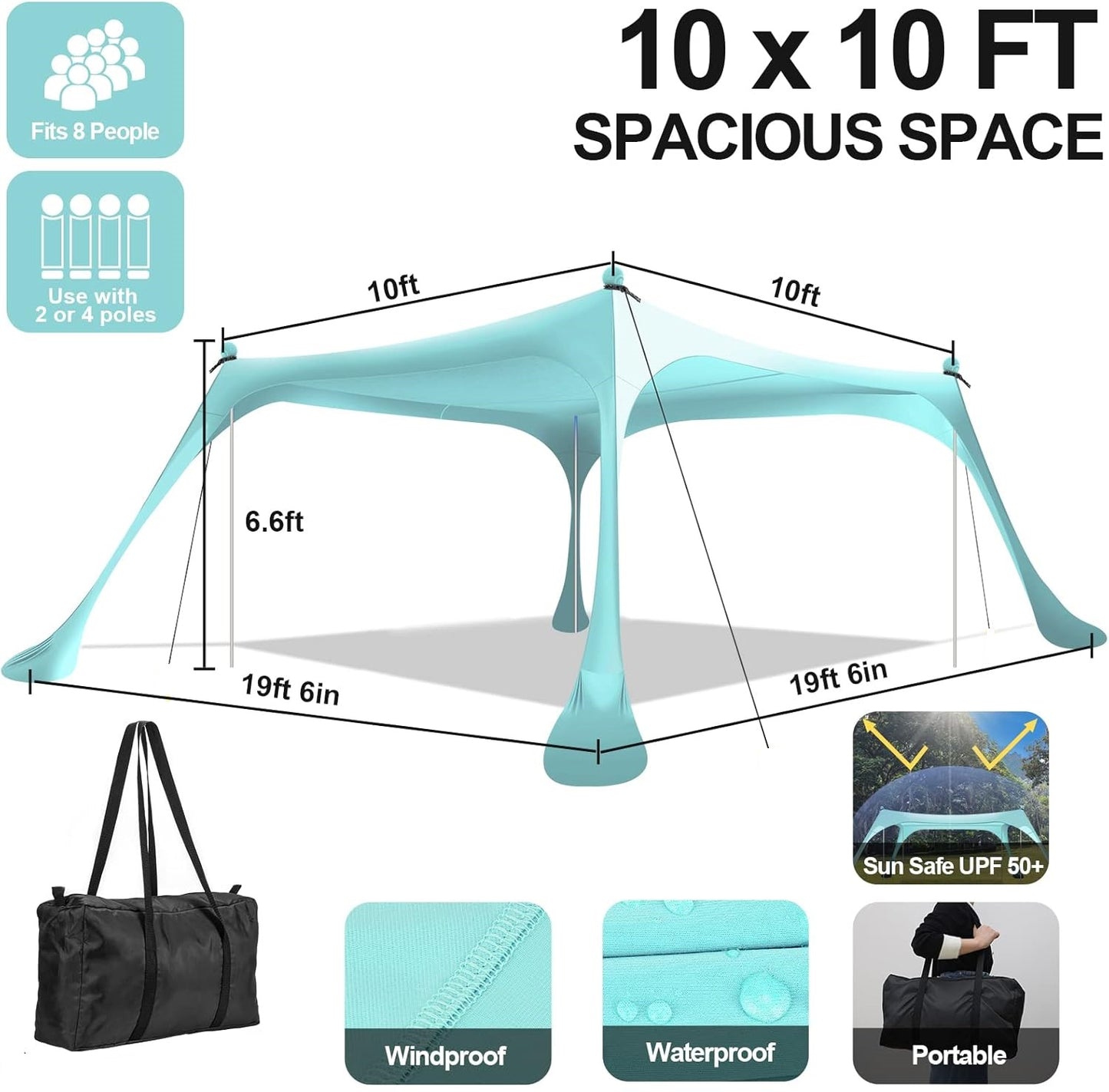 Beach Tent Canopy 10'x10' Sun Shelter for 6-8 Person Beach Canopy Tent Sun Shade Easy Setup Beach Shade Canopy Portable Beach Tent UPF 50+ Waterproof