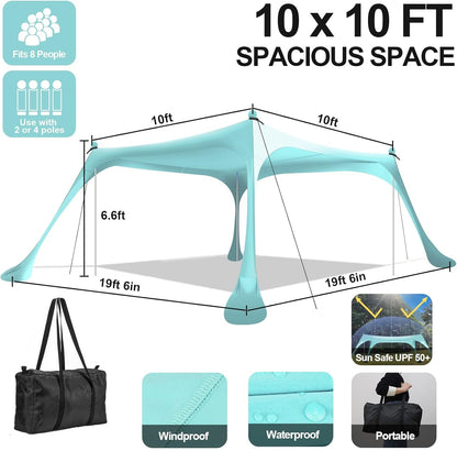 Beach Tent Canopy 10'x10' Sun Shelter for 6-8 Person Beach Canopy Tent Sun Shade Easy Setup Beach Shade Canopy Portable Beach Tent UPF 50+ Waterproof