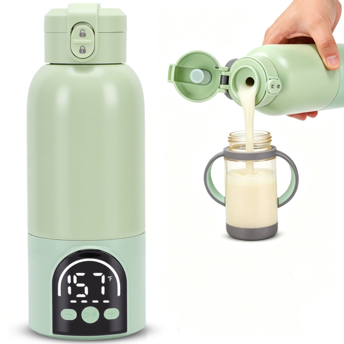 Portable Milk Warmer for Travel – Adjustable Temperature for Breast Milk & Water,Baby Bottle Warmer with Night Light, 17 Ounces,Green