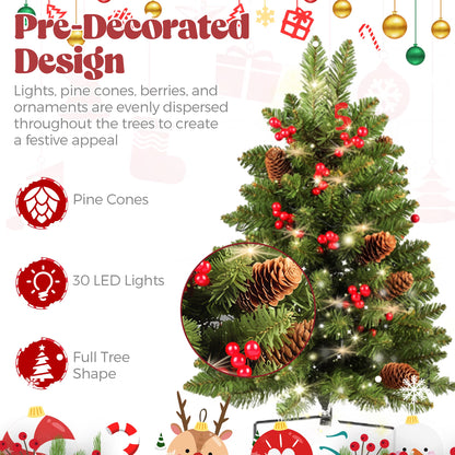 2 Pack 30 inch Prelit Outdoor Christmas Tree, Small Pre-Decorated Green Xmas Tree with Cones & Red Berries, 30 Warm Lights, Urn Filler Holiday Decor for Entrance Driveway, Yard, Garden