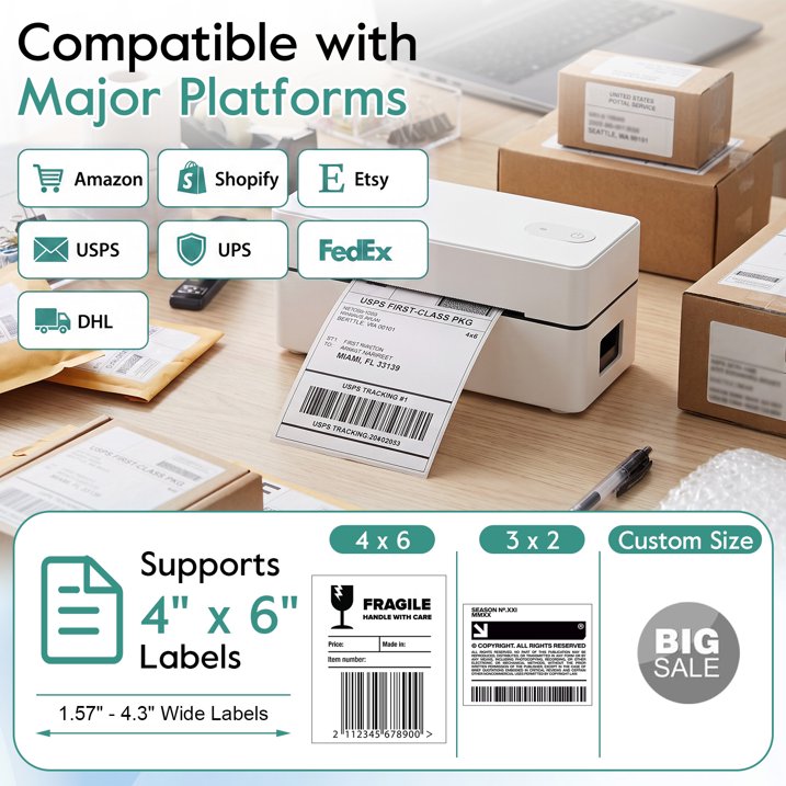 Bluetooth Thermal Shipping Label Printer, 4x6 Portable Thermal Address Label Maker for Small Business, Compatible with iPhone/Android/Windows/Mac, Works with Etsy Shopify USPS & More, White