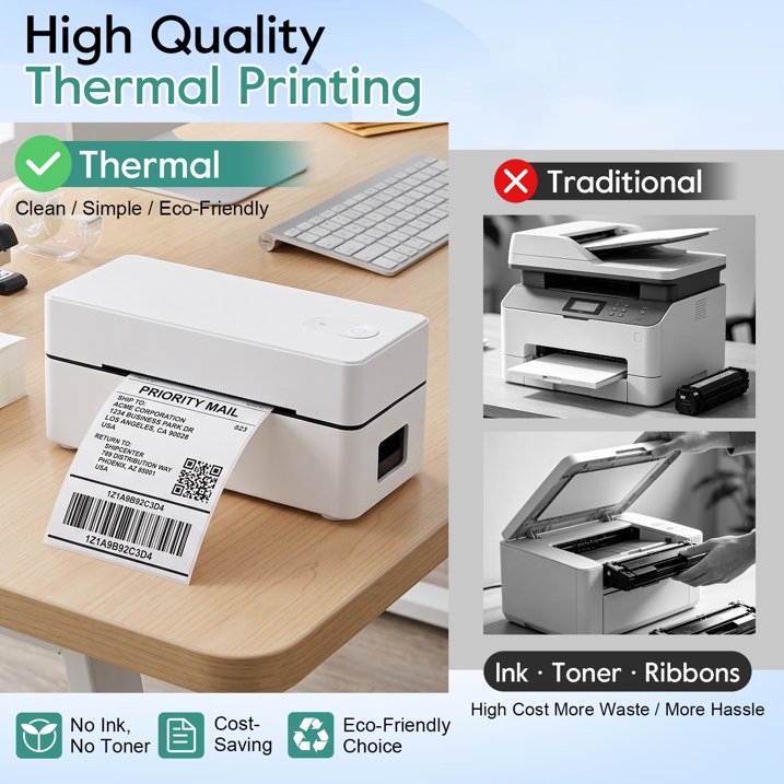 Bluetooth Thermal Shipping Label Printer, 4x6 Portable Thermal Address Label Maker for Small Business, Compatible with iPhone/Android/Windows/Mac, Works with Etsy Shopify USPS & More, White