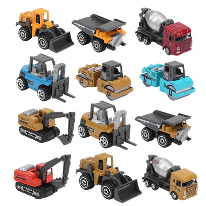 12 Pieces Alloy Small Construction Cars Vehicles, Die Cast Mini Construction Truck Toys Set, Excavators Mixer Truck Bulldozers Forklift Dump Truck Toys for Birthday Gifts