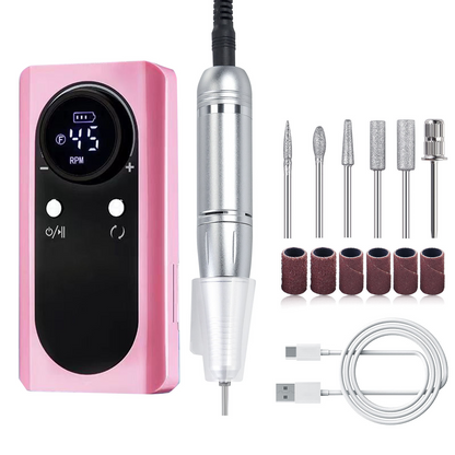 Electric Nail Drill, Cordless Portable Electric Nail File Set with 6 Bits, 45000RPM Professional Rechargeable Forward & Reverse Nail Drill Kit with Display, for Acrylic Nails/DIY Manicure & Pedicure