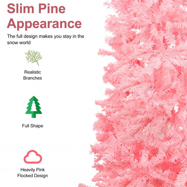 6ft Pink Artificial Pencil Christmas Tree, Unlit Slim Xmas Tree with 660 PVC Tips & Foldable Metal Stand, Full Shape, Easy to Assemble for Home Office Party Holiday Display Decoration