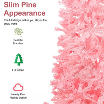 6ft Pink Artificial Pencil Christmas Tree, Unlit Slim Xmas Tree with 660 PVC Tips & Foldable Metal Stand, Full Shape, Easy to Assemble for Home Office Party Holiday Display Decoration
