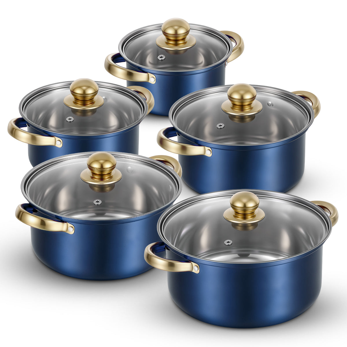 Stainless Steel Pots Sets 10-Piece, Kitchen Cookware Set Saucepan with Glass Lid Stockpot Soup Pot with 2 Ear Handle For Cooking Dishwasher, Blue