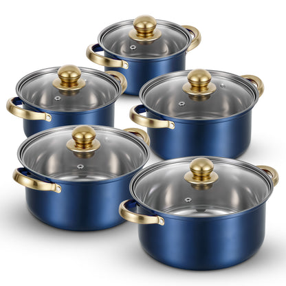 Stainless Steel Pots Sets 10-Piece, Kitchen Cookware Set Saucepan with Glass Lid Stockpot Soup Pot with 2 Ear Handle For Cooking Dishwasher, Blue