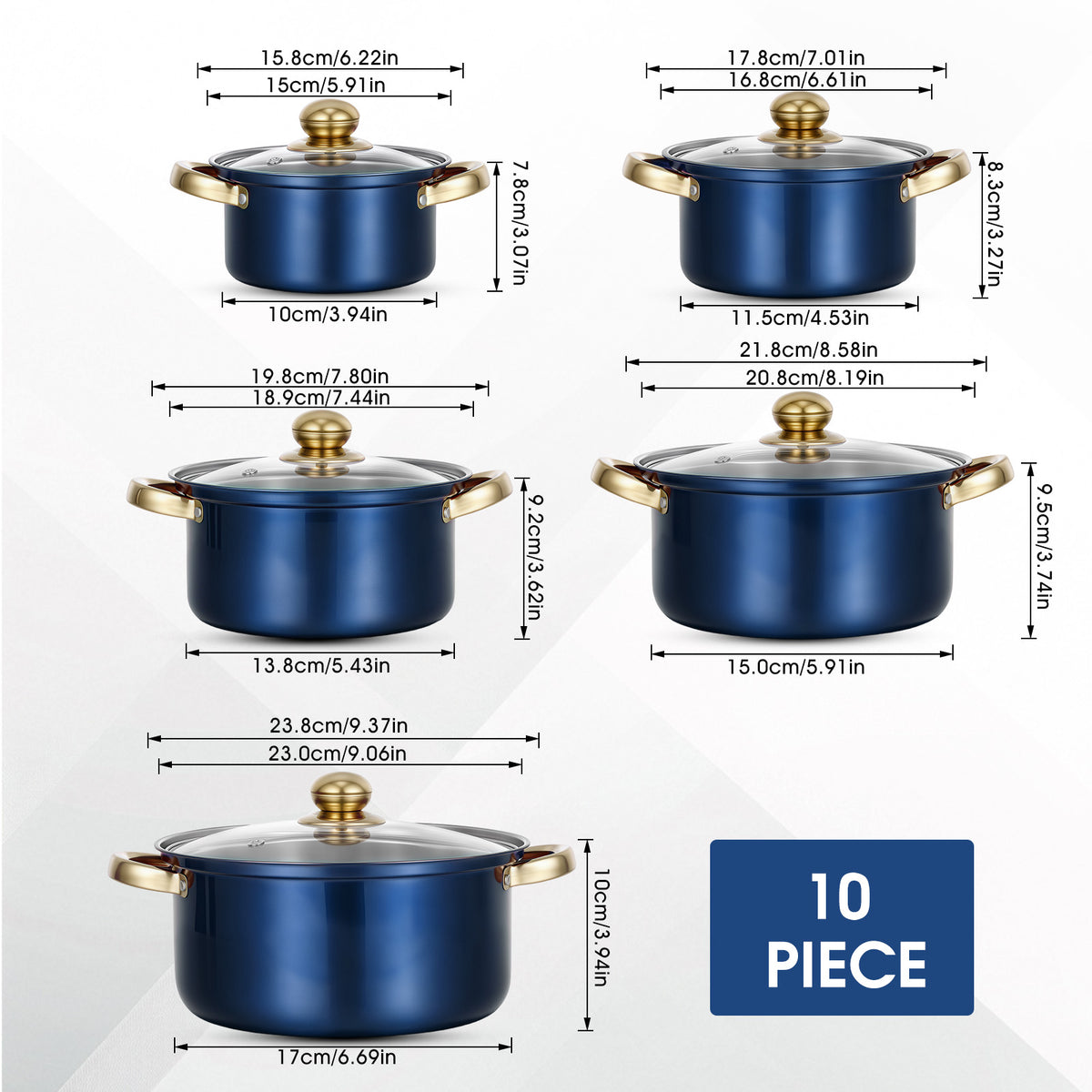 Stainless Steel Pots Sets 10-Piece, Kitchen Cookware Set Saucepan with Glass Lid Stockpot Soup Pot with 2 Ear Handle For Cooking Dishwasher, Blue
