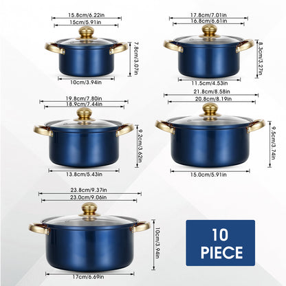 Stainless Steel Pots Sets 10-Piece, Kitchen Cookware Set Saucepan with Glass Lid Stockpot Soup Pot with 2 Ear Handle For Cooking Dishwasher, Blue