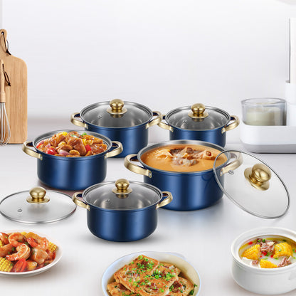 Stainless Steel Pots Sets 10-Piece, Kitchen Cookware Set Saucepan with Glass Lid Stockpot Soup Pot with 2 Ear Handle For Cooking Dishwasher, Blue