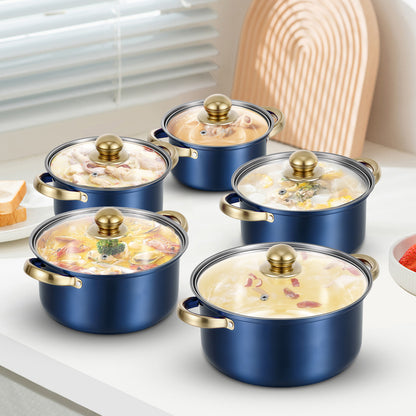 Stainless Steel Pots Sets 10-Piece, Kitchen Cookware Set Saucepan with Glass Lid Stockpot Soup Pot with 2 Ear Handle For Cooking Dishwasher, Blue