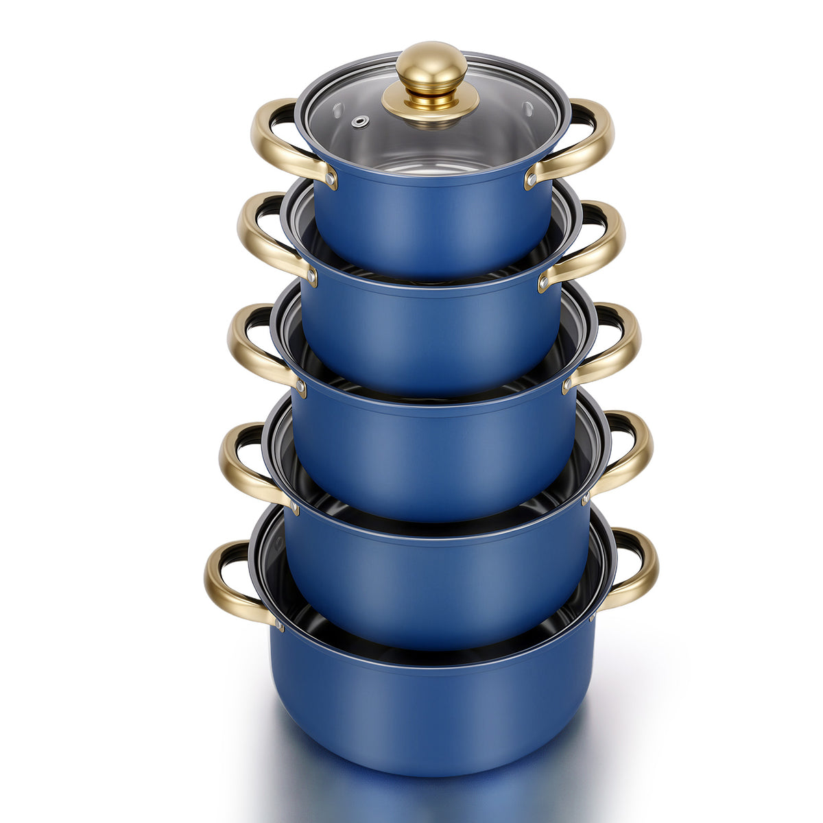 Stainless Steel Pots Sets 10-Piece, Kitchen Cookware Set Saucepan with Glass Lid Stockpot Soup Pot with 2 Ear Handle For Cooking Dishwasher, Blue