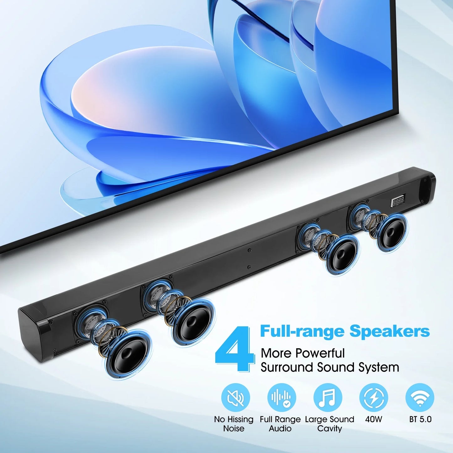 Sound Bar for TV, 40W TV Speaker Soundbar 30 inch Surround Sound System with ARC, Optical, AUX and Remote, Bluetooth 5.0 Stereo Sound for Home Theater PC Gaming Projectors, Wall Mountable