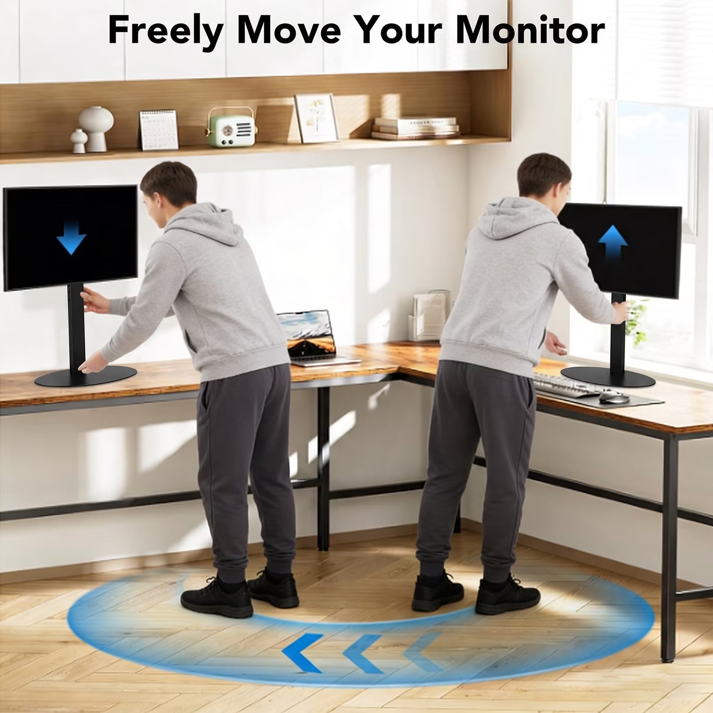 Monitor Stand, Freestanding Monitor Mount for 14-32 inch Screens with 360 Degree Rotation, Height Settings, Adjustable Desk Riser with Swivel and Tilt, Max VESA 75x75, 100x100mm