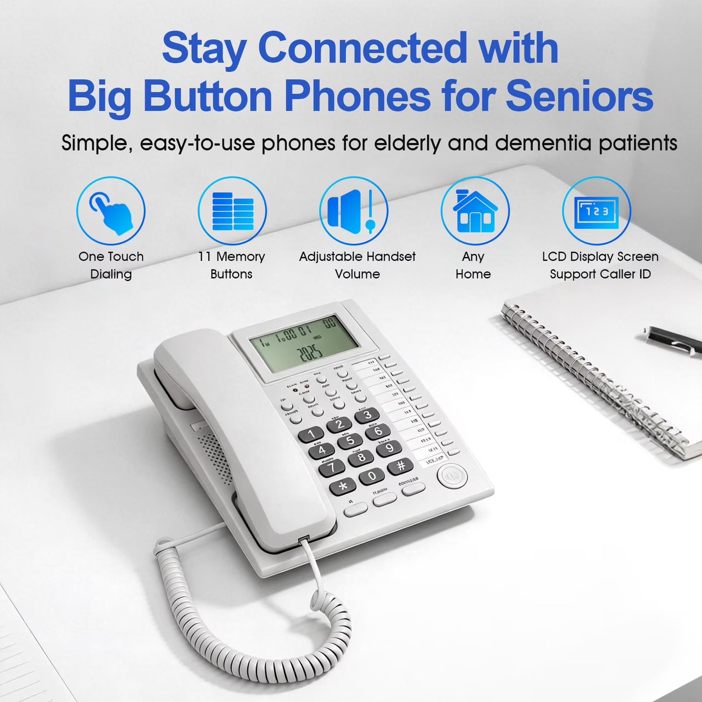 Corded Caller ID Telephone, Landline Home Phones with Backlight LCD Display & Speaker, Office Landline Phone, Loud Ringer & Volume Adjustable, Desktop Speed Memory Dial Telephones for Seniors