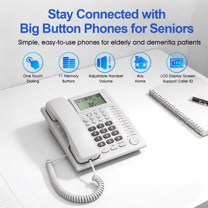Corded Caller ID Telephone, Landline Home Phones with Backlight LCD Display & Speaker, Office Landline Phone, Loud Ringer & Volume Adjustable, Desktop Speed Memory Dial Telephones for Seniors