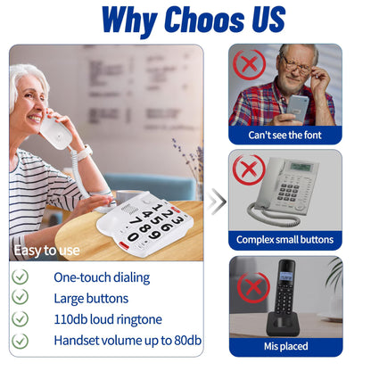 Big Button Phone for Seniors, Landline Corded Phone for Elderly, Adjustable Volume Large Key Wired Telephone for Visually Impaired/Hearing Damage Old People, Extra Loud Ringer