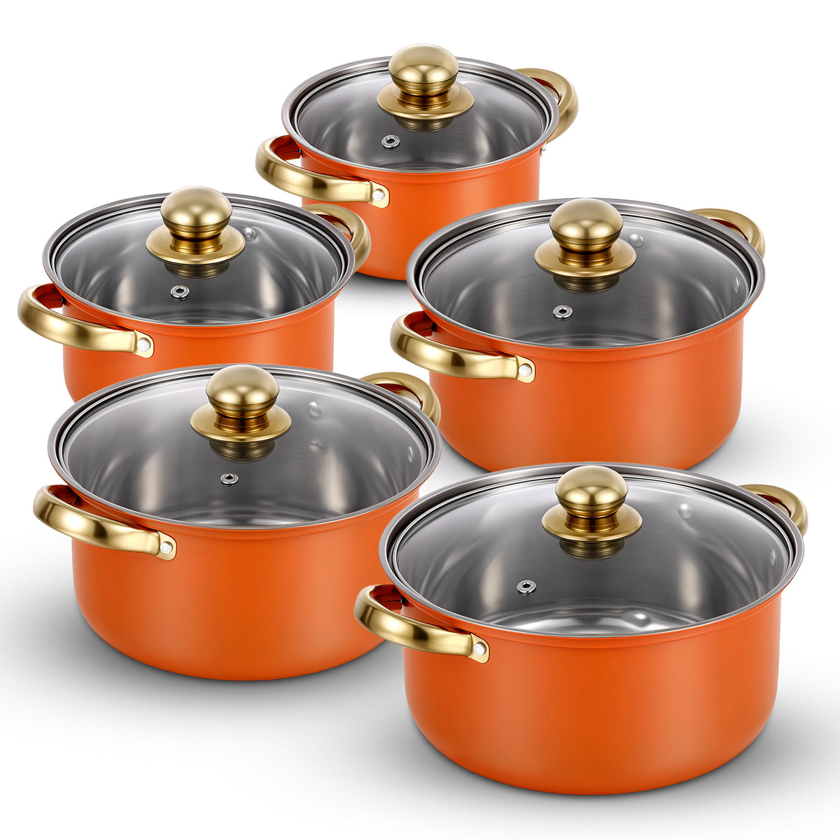 Stainless Steel Pots Sets 10-Piece, Kitchen Cookware Set Saucepan with Glass Lid Stockpot Soup Pot with 2 Ear Handle For Cooking Dishwasher, Orange