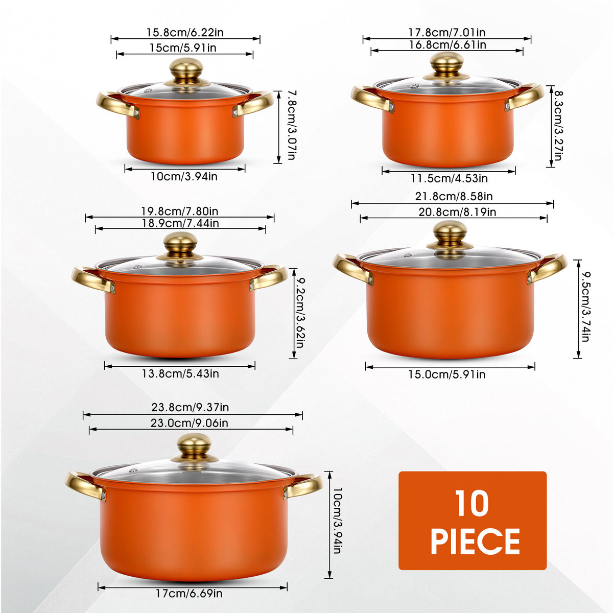 Stainless Steel Pots Sets 10-Piece, Kitchen Cookware Set Saucepan with Glass Lid Stockpot Soup Pot with 2 Ear Handle For Cooking Dishwasher, Orange