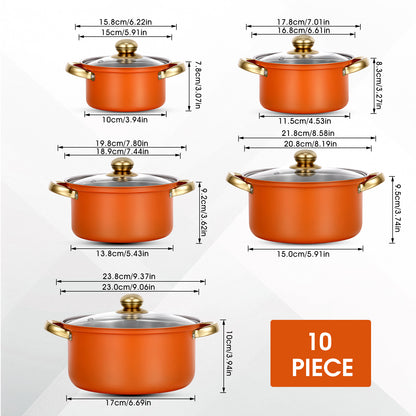 Stainless Steel Pots Sets 10-Piece, Kitchen Cookware Set Saucepan with Glass Lid Stockpot Soup Pot with 2 Ear Handle For Cooking Dishwasher, Orange