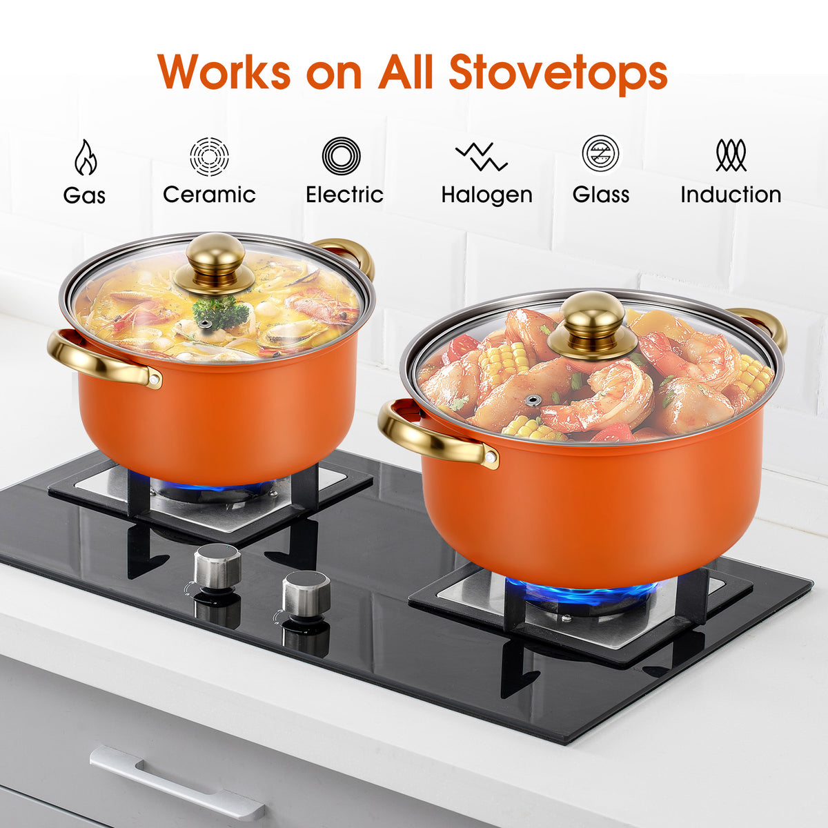 Stainless Steel Pots Sets 10-Piece, Kitchen Cookware Set Saucepan with Glass Lid Stockpot Soup Pot with 2 Ear Handle For Cooking Dishwasher, Orange