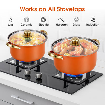 Stainless Steel Pots Sets 10-Piece, Kitchen Cookware Set Saucepan with Glass Lid Stockpot Soup Pot with 2 Ear Handle For Cooking Dishwasher, Orange