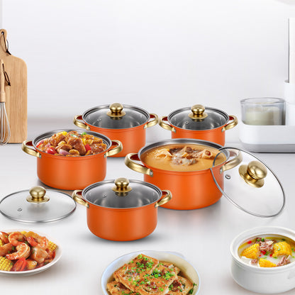 Stainless Steel Pots Sets 10-Piece, Kitchen Cookware Set Saucepan with Glass Lid Stockpot Soup Pot with 2 Ear Handle For Cooking Dishwasher, Orange